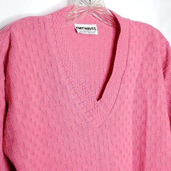 Vintage 90s Womens Knitwaves Pink V Neck Sweater Basket Weave Texture Pullover - Picture 2 of 4